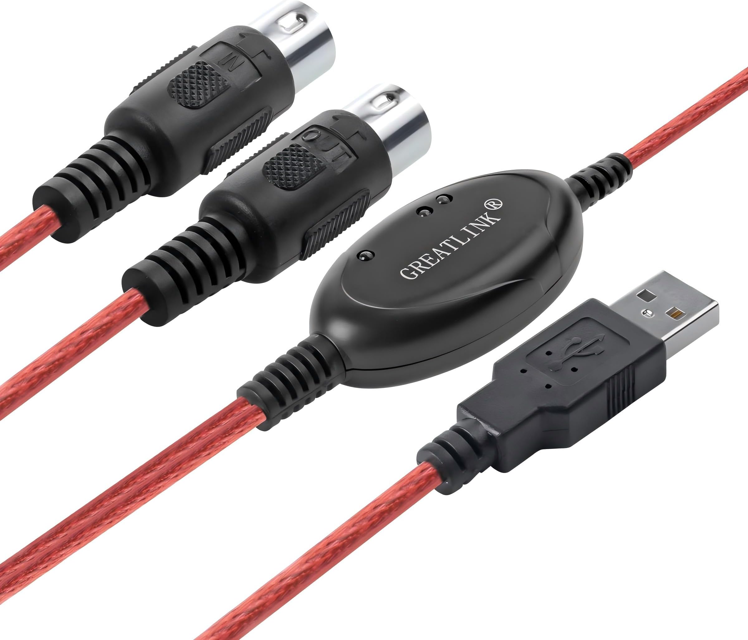 GREATLINK USB in-Out MIDI Interface Professional Piano Keyboard to PC/Laptop/Mac Converter/Adapter MIDI Cable for Home Music Studio Color Red - 6.5Ft