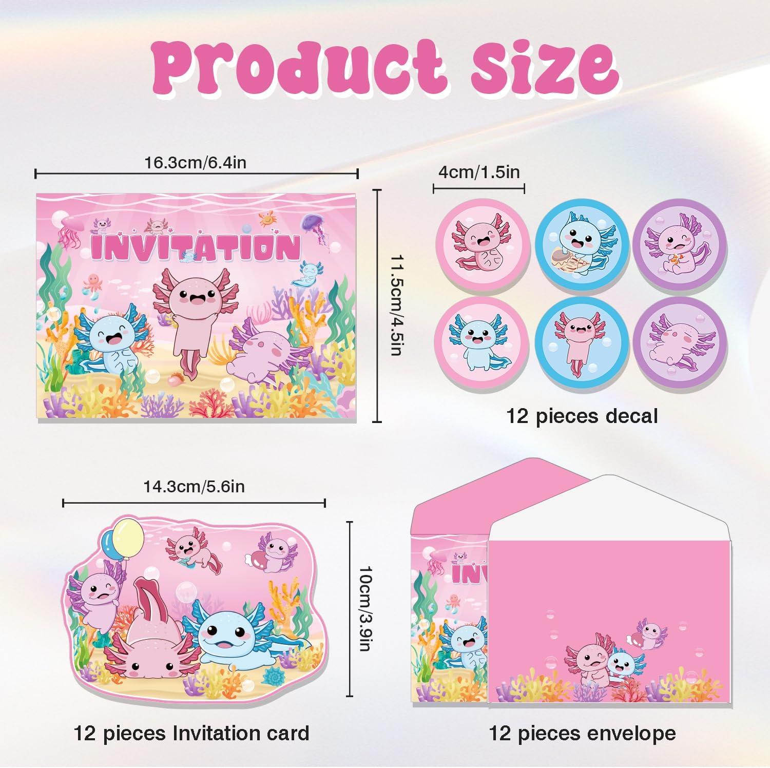 12Pcs Axolotl Birthday Party Supplies Axolotl Birthday Party Invitation Cards with Envelopes and Stickers for Axolotl Birthday Party Decorations