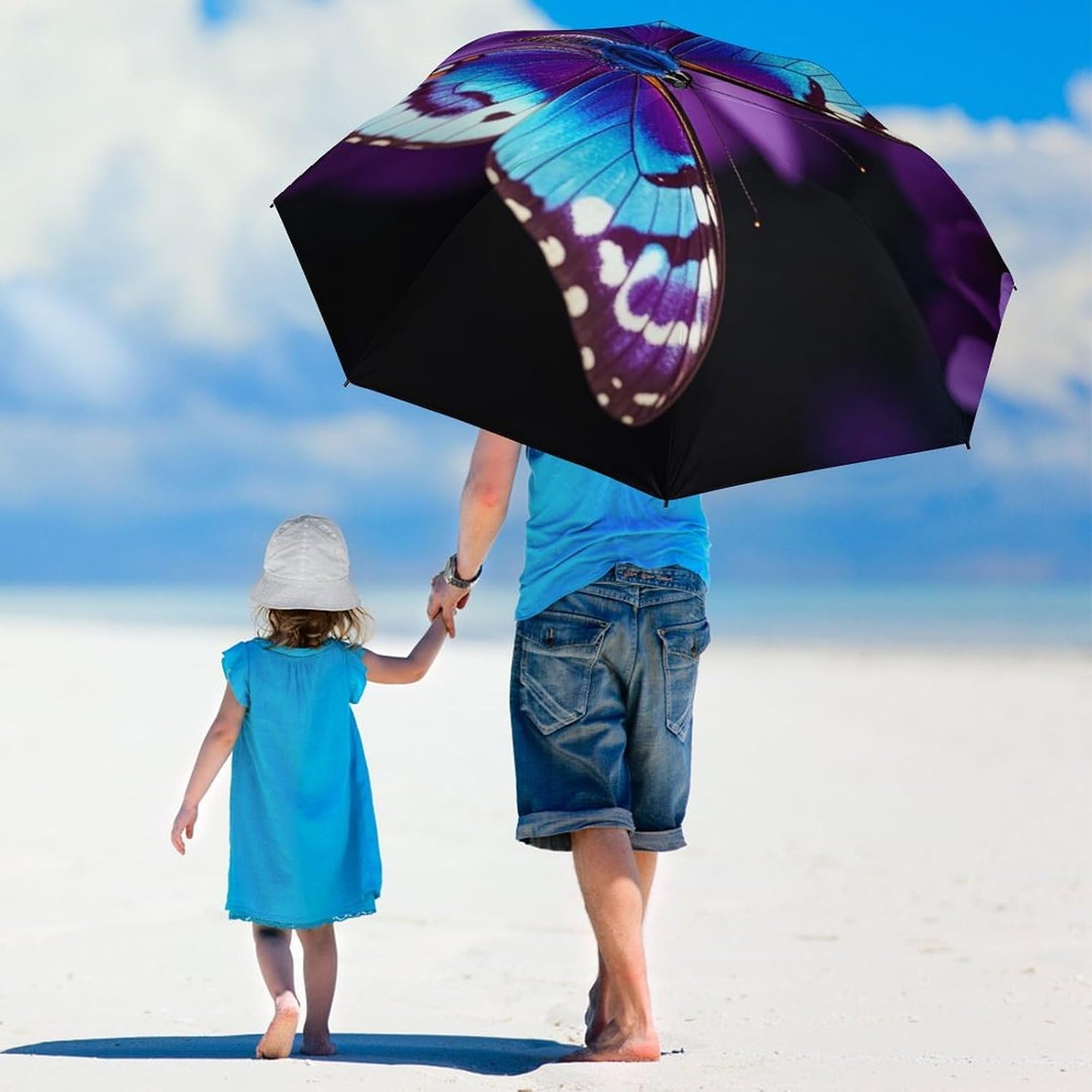 Blue Purple Butterfly Golf Umbrellas-2 Fold Automatic,Windproof Umbrella with Portable,Strong,Folding Umbrella for Women Men