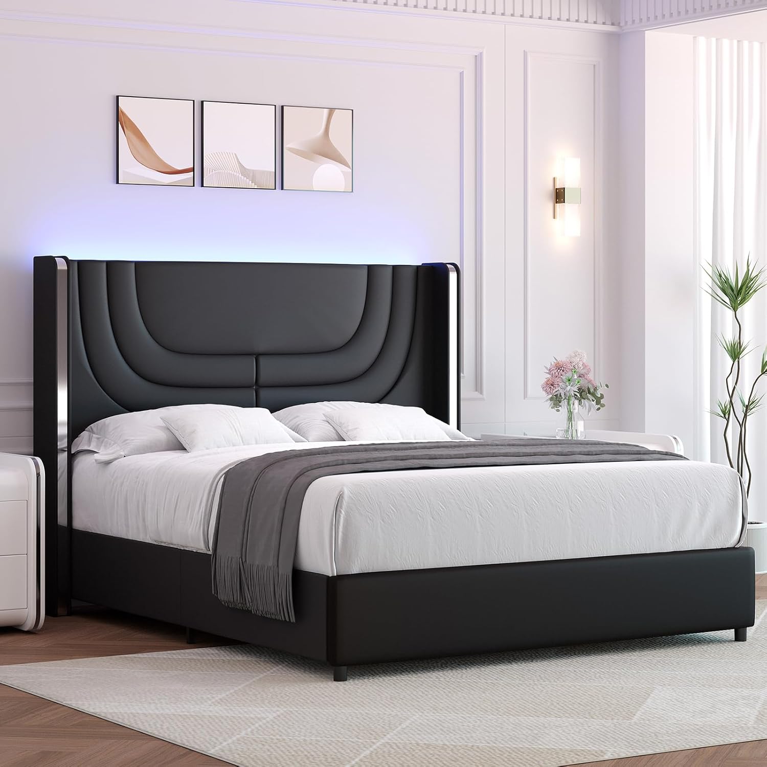 Queen Bed Frame with LED Lights, Faux Leather Upholstered Platform with Silver Wingback Headboard, Modern Style, No Box Spring Needed, Easy Assembly, Black