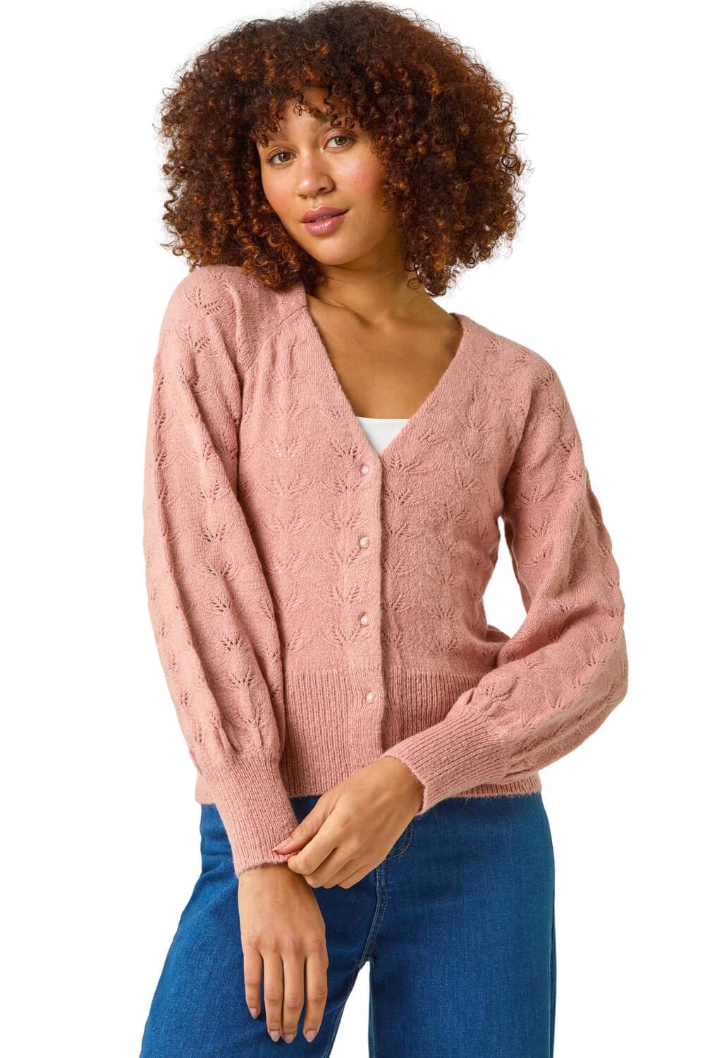 Roman Women's Beige Pointelle Detail Knit Cardigan In | Size: Small
