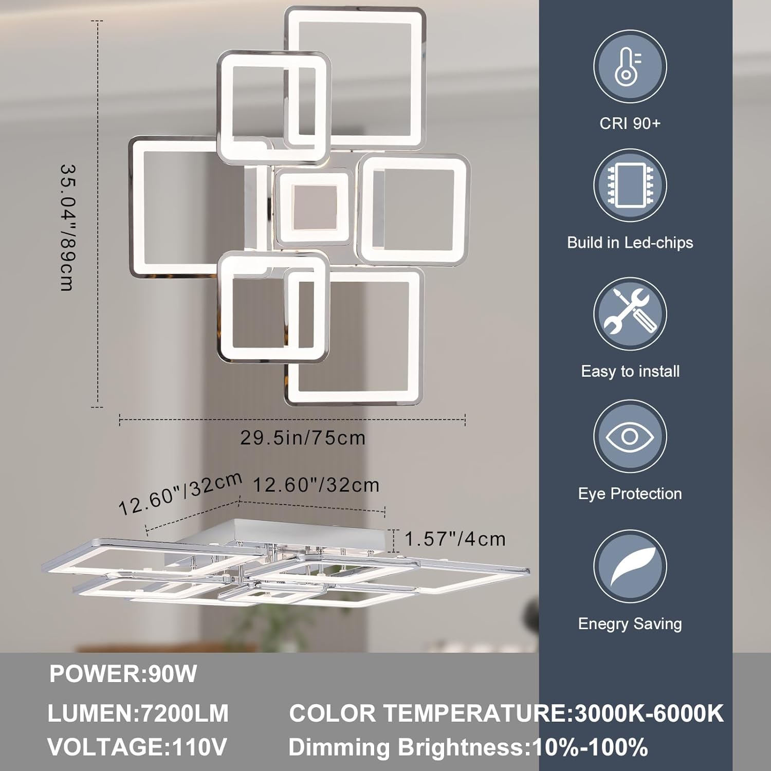 Modern LED Ceiling Light 35.04" Dimmable Chrome Flush Mount Ceiling Light with Remote 7 Rings 90W 3000K-6500K Ceiling Lamp for Living Room,Bedroom,Kitchen