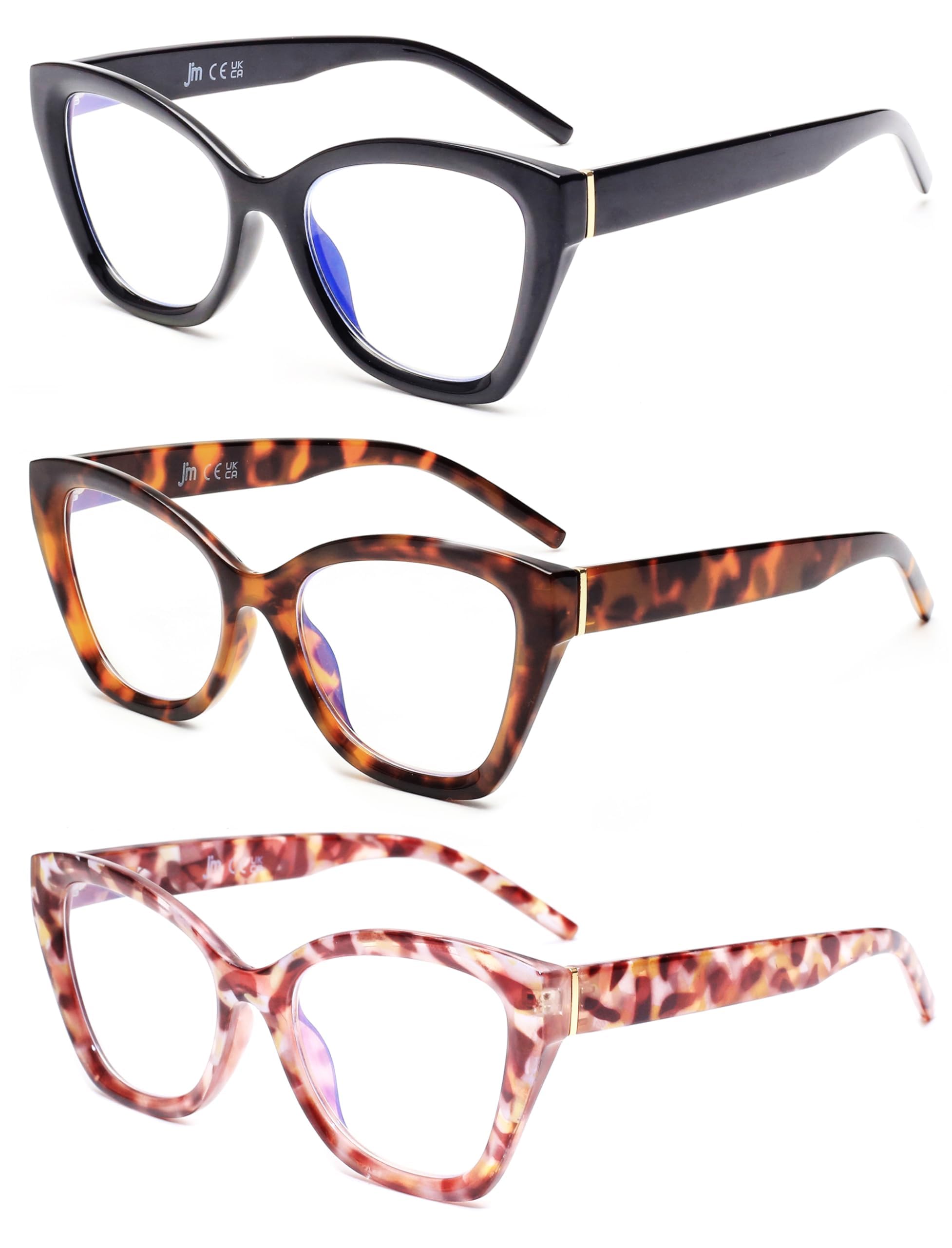 JM 3 Pack Ojos de Gato Gafas de Lectura para Mujer Hombre, Moda Gran Tamaño Gafas Presbicia con Bloqueo a Luz Azul