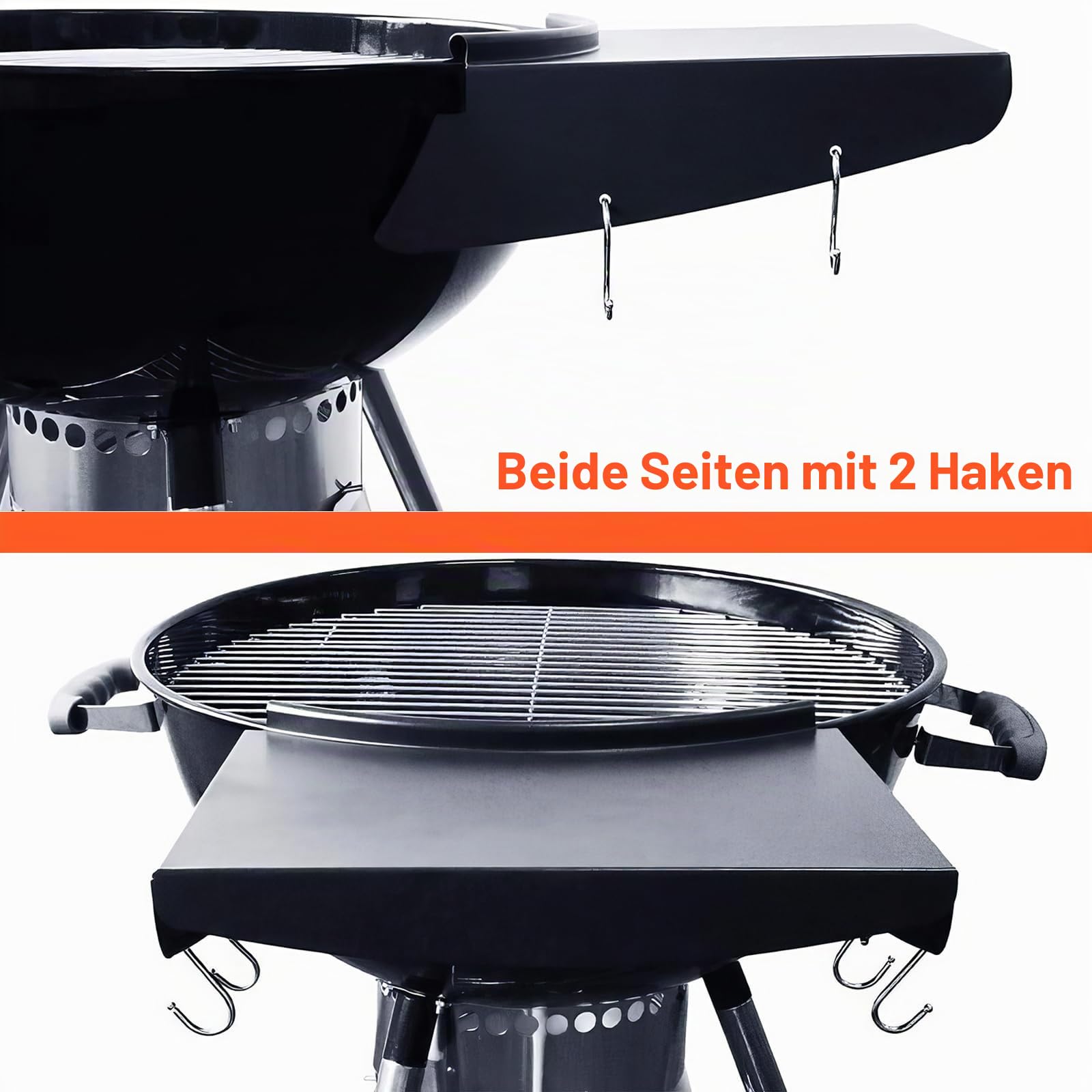 GFTIME Grill Beistelltisch für Weber 57 cm Kugelgrill, Master-Touch & Napoleon Kettle, Klappbarer BBQ Seitentisch, Rostfreier Stahl, Inkl. Haken, Perfekt für Outdoor Grillen, Holzkohlegrill Zubehör
