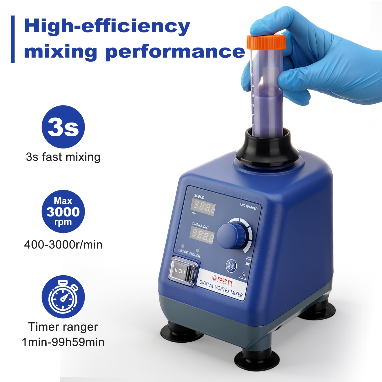 4E's USA LED Vortex Mixer Verschiedene Geschwindigkeit 400-3000rpm, Labor Vortexer mit Touch, Timer und Kontinuierlichen Modi für Tuben, Nagellack und Acrylfarben Tinte