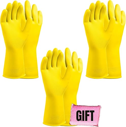 Miniatura 1 de Rubberplus 3 pares de guantes amarillos reutilizables para el hogar, guantes de goma para lavar platos, extra grueso, manga larga, limpieza de cocina