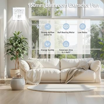 6 Inch/150mm Bathroom Extractor Fan, 18W 320m³/h Powerful Bathroom Fan, Wall & Window Mounted Extractor Fan for Kitchen Toilet Garage Ventilation, Low Noise, White (No Timer)