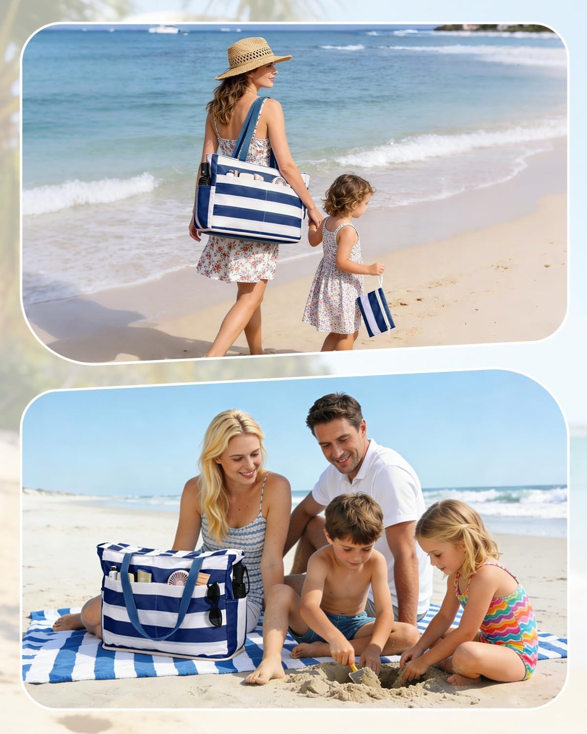 WANDF Beach Bags for Women, Large Waterproof Sandproof Beach Tote Bag with Zipper Family Pool Bags with 40oz Tumbler Pocket, Swim Cruise Vacation Essentials (Navy Blue) | 40oz Tumbler Pocket