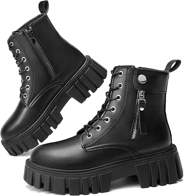 SANNAX Womens Boots Ankle Boots Ladies Classic Lace-up Chunky Boots Side Zipper Flatform Casual Boot Shoes