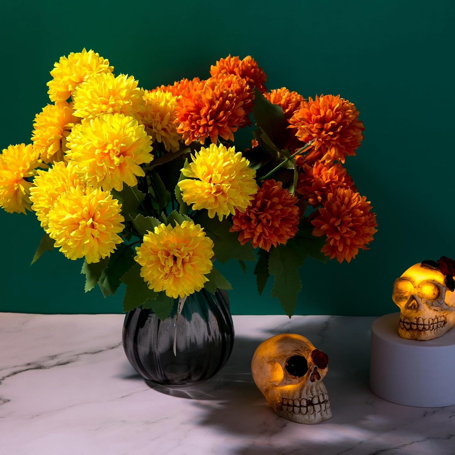 Artificial Marigold Flowers, 4 Pack 12 Inch Silk Marigold Flower Heads Bouquet for Day of The Dead Decor Halloween Decoration Dia De Los Muertos Home Decoration, Orange & Yellow - Image 2