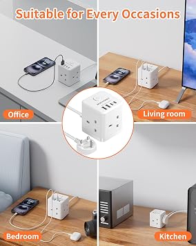 Cube Extension Lead with USB C Slots, 3 Way Power Extension | 4 USB (5V/3.1A 15.5W), Small Tower Extension Lead for Home, Office, Dorm Room, 2M, 13A/3250W
