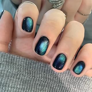 Short Press on Nails Cat Eye, Blue Green Galaxy Square Fake Nails with Magnetic Shimmer Design, 24pcs Glossy Handmade Gel Glue on Nails Coffin, Salon Quality Stick on Nails Press Ons for Women