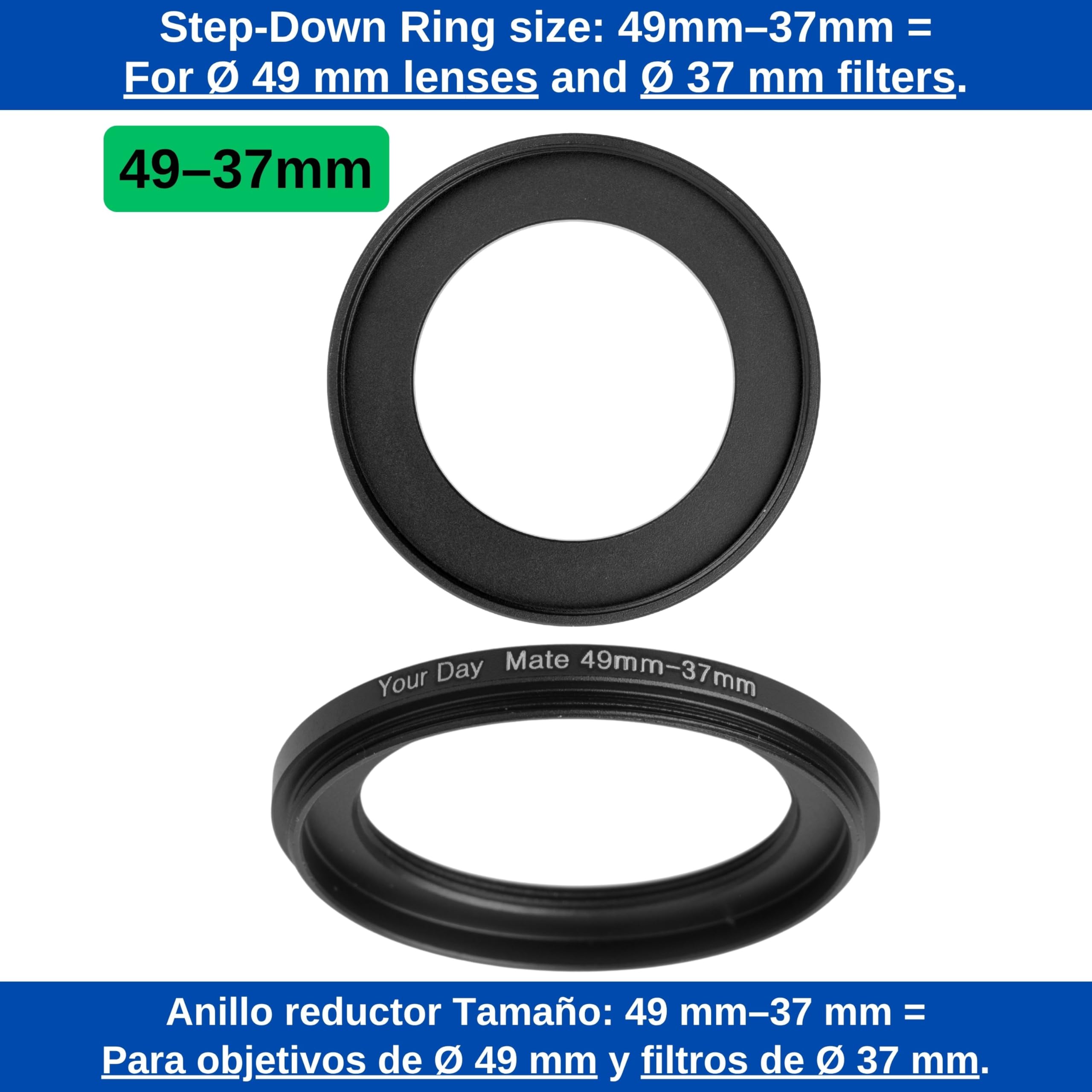 Step Down Ring, Ø 49 auf 37 mm Durchmesser, Ultra Slim Design, aus Aluminium, für Ø 49 mm Objektiv und Ø 37 mm Filter, Adapter Step Down, Filteradapter Kamera, Filter Adapter Ring, Stepdown Ring 49 37