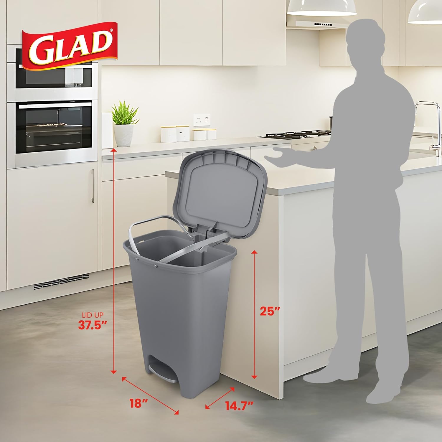 Glad Kitchen Trash Can | Large Plastic Waste Bin with Odor Protection of Lid | Hands Free with Step On Foot Pedal and Garbage Bag Rings, 13 Gallon, Grey