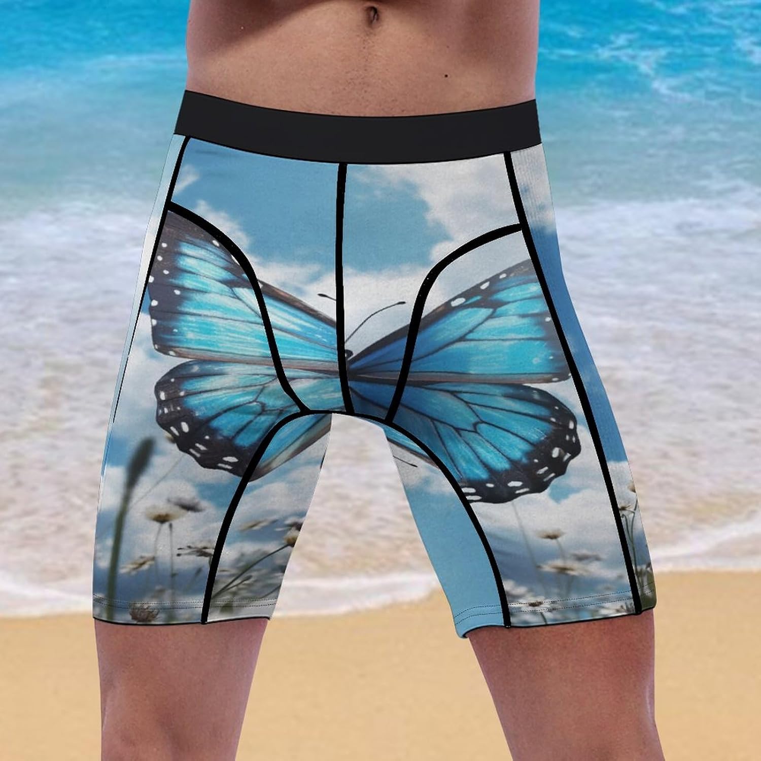 Blue Butterfly and Clouds Compression Shorts Men Spandex Sport Shorts Workout Performance Baselayer Underwear