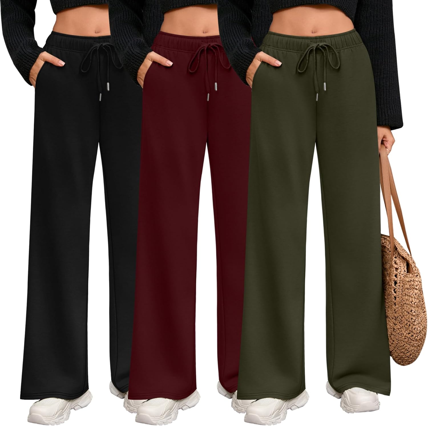 Riyiper 3 Pack Women Wide Leg Sweatpants Drawstring Straight Pants Elastic Waist Joggers Open Bottom Sweatpants with Pockets
