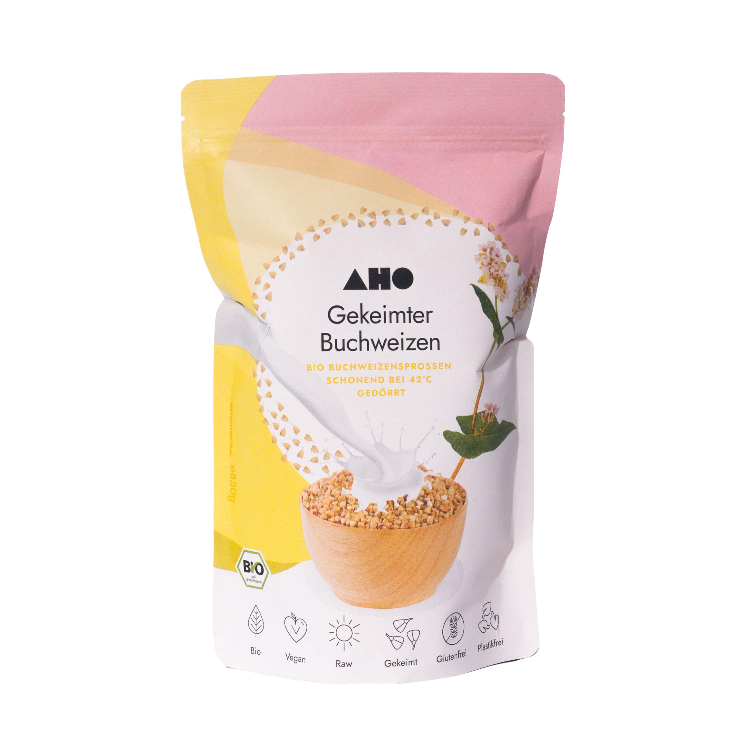 AHO Gekeimter Buchweizen 650g, Bio aus Deutschland und Österreich, Plastikfrei verpackt, Rohkost Bio Buchweizen gekeimt und schonend bei 42°C gedörrt