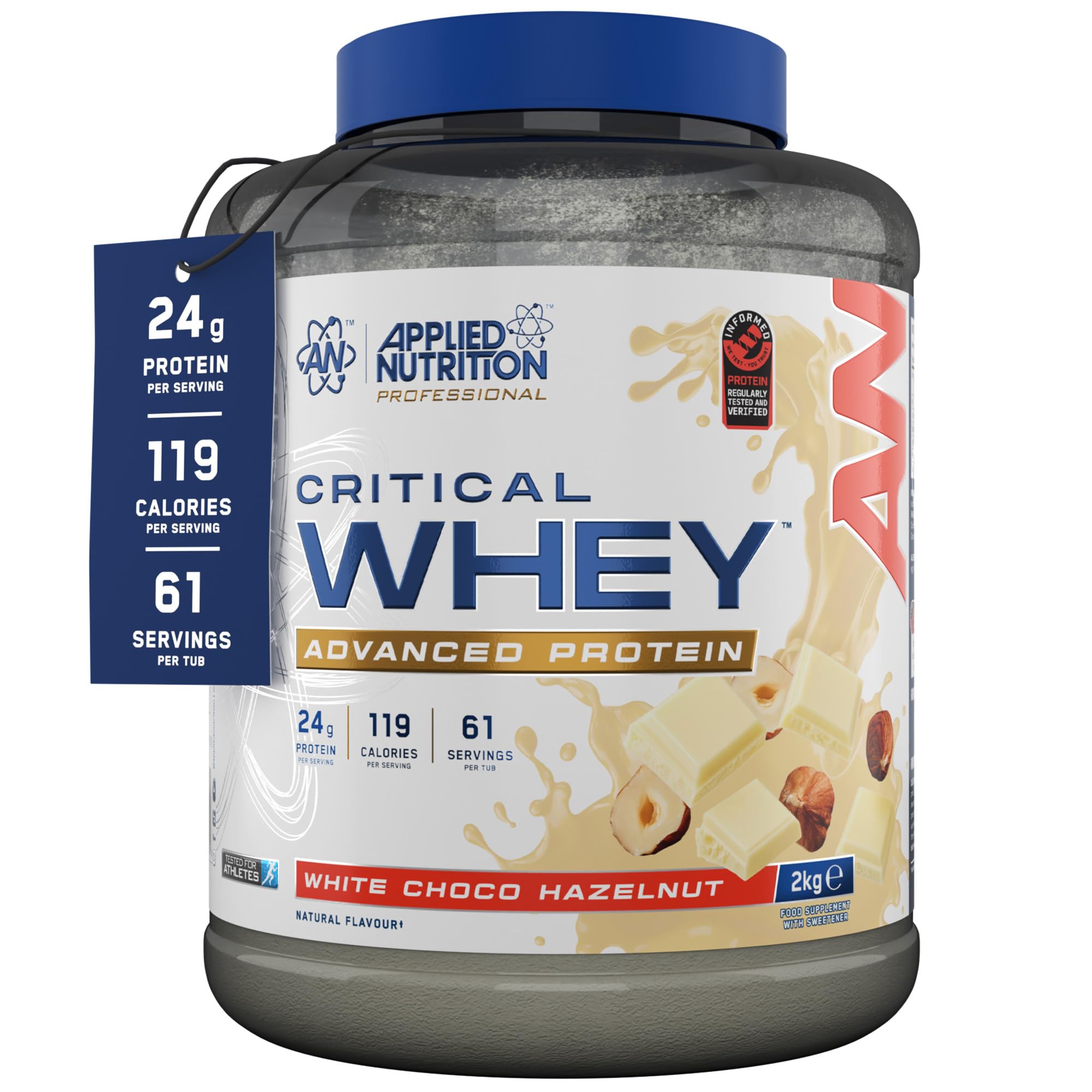 Applied Nutrition Critical Whey Protein Powder – 24g Protein per Serving, High Protein Powder, Protein Shake with BCAAs & Glutamine Packaging May Vary (2Kg - 61 Servings) (White Choco Hazelnut)