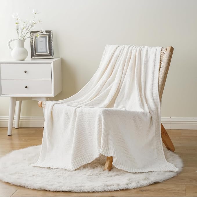 BATTILO HOME Chenille Knit Throw Blanket for Couch, Cozy Beige Tan Throw Blanket for Home Decor, Neutral Throw Blanket for Sofa Chair 51"x67"