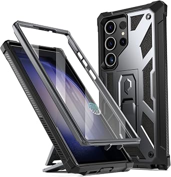 Poetic Spartan Case Compatible with Galaxy S23 Ultra 5G 6.8 inch, Built-in Screen Protector Work with Fingerprint ID, Full Body Rugged Shockproof Cover Case with Kickstand, Metallic Gun Metal