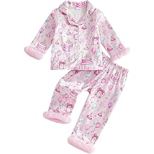 Kids Toddler Girl Birthday Pajamas Long Sleeve Fuzzy Trim Button Down Satin Silk Pjs Cake Balloon Print Shirt Pants Sleepwear 1-6 Years Birthday Girl Pjs Nightgowns