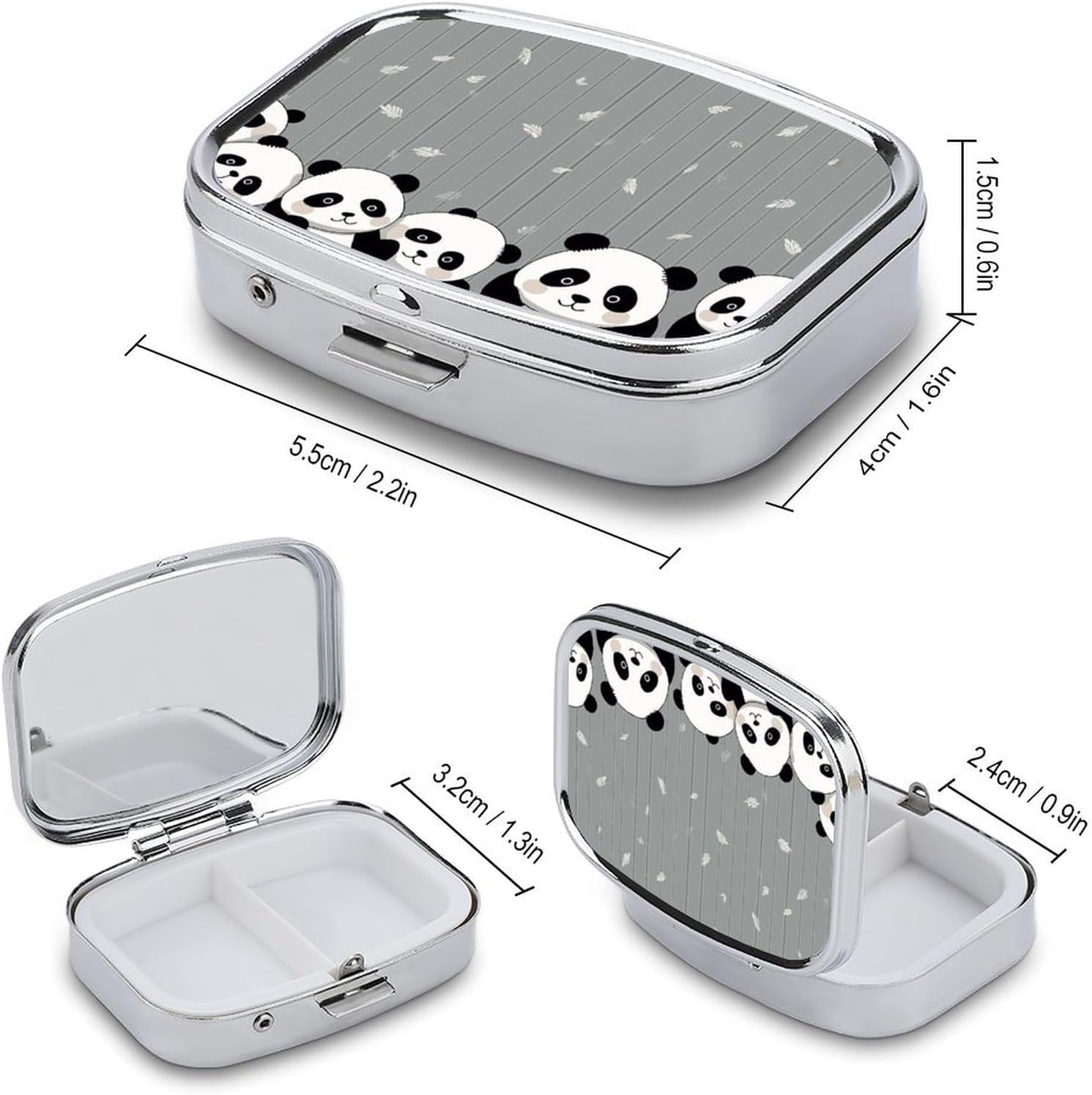Pill Box Funny Baby Panda Printed Rectangle Medicine Box 2 Compartment Medicine Case for Pocket Purse and Travel image 2
