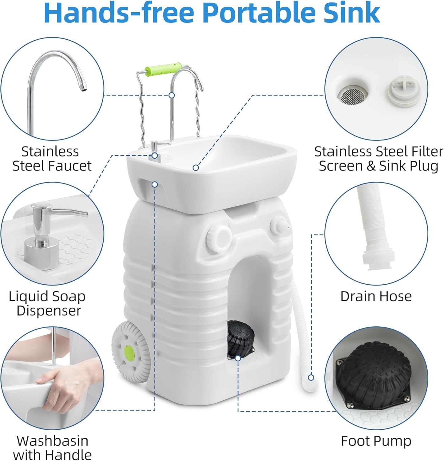 YITAHOME Portable Camping Sink, 45 L Handwashing Station with Adjustable Wash Basin, Soap Dispenser, Metal Handle, Large Wheels for Outdoor, Travel, Boat, Gather, Garden, Worksite, White