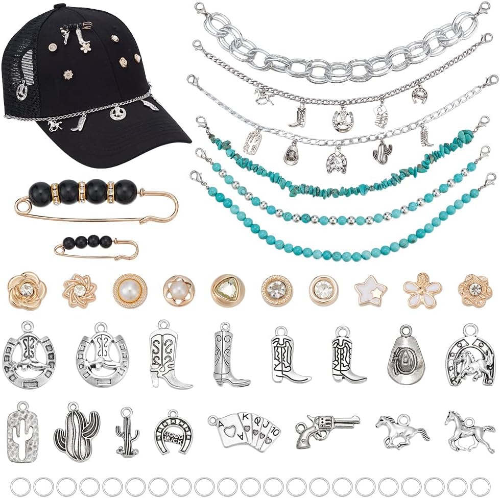 68pcs Trucker Hat Chains Western Style Hat Accessories with Charms and Pins Mesh Baseball Cap Decorations Detachable DIY Craft Metal Pendants Torquoise Chains Bulk for Women Men