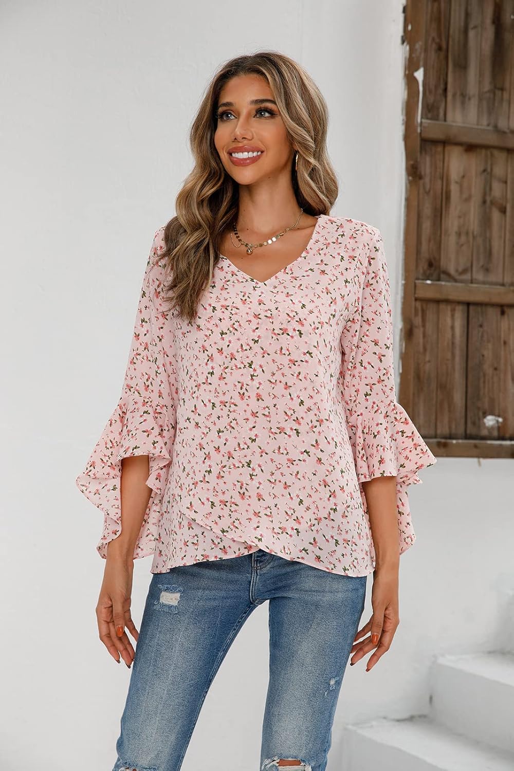 Womens Summer Chiffon Blouses Floral Print V-Neck Bell Sleeve Tops Dressy Casual T-Shirts Fashion - Image 3