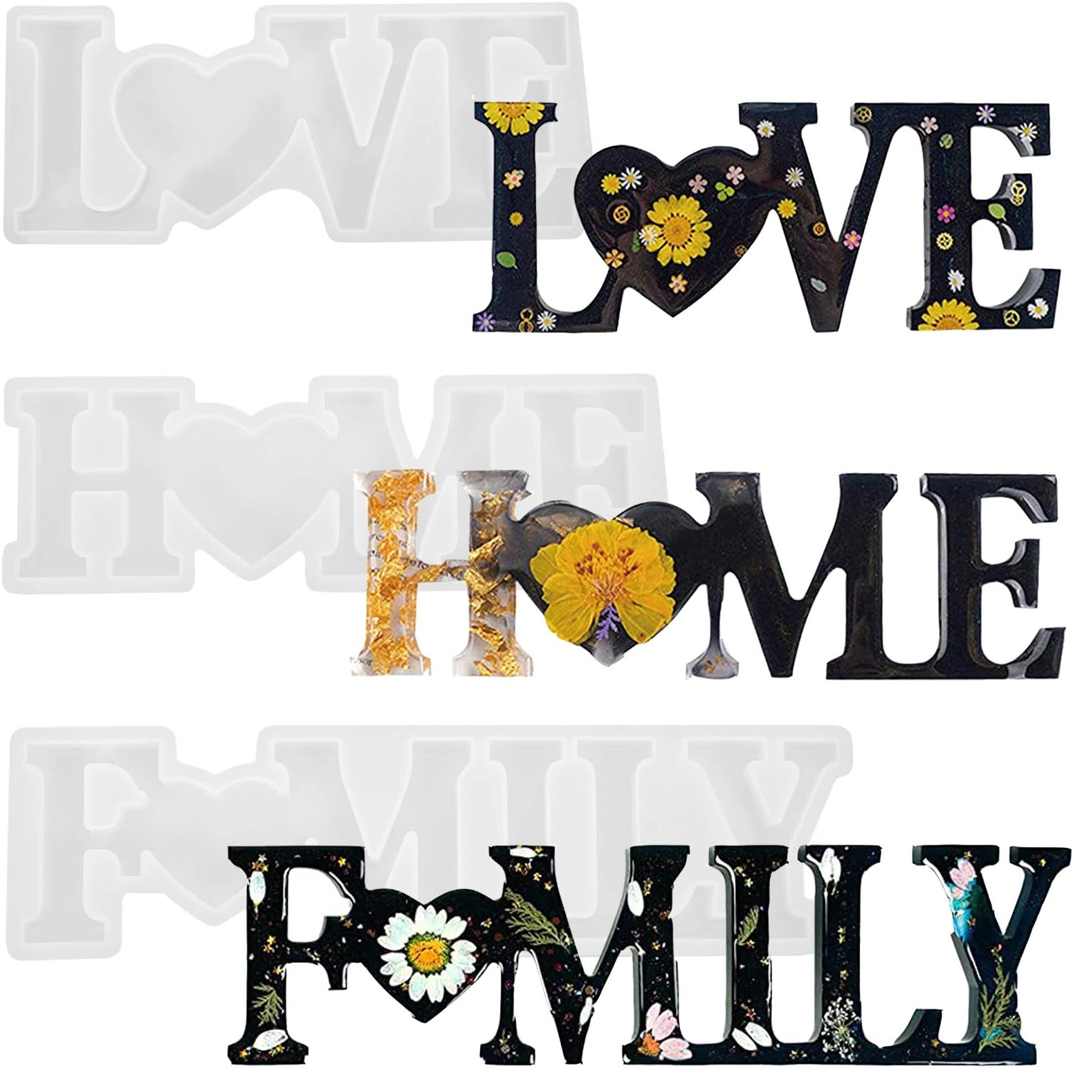 3 Pieces Resin Casting Moulds, Love/Home/Family Word Alphabet Epoxy Resin Moulds 3D Silicone Letter Moulds for DIY Craft Table and Home Decoration