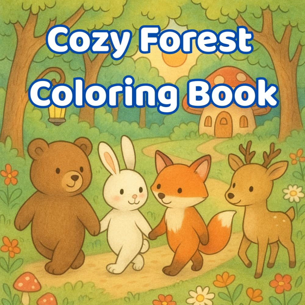 Cozy Forest Coloring Book: Cute Relaxing Pages for Kids and Adults with Magical Woodland Animals, Fairy Houses, and Stress Relief Designs