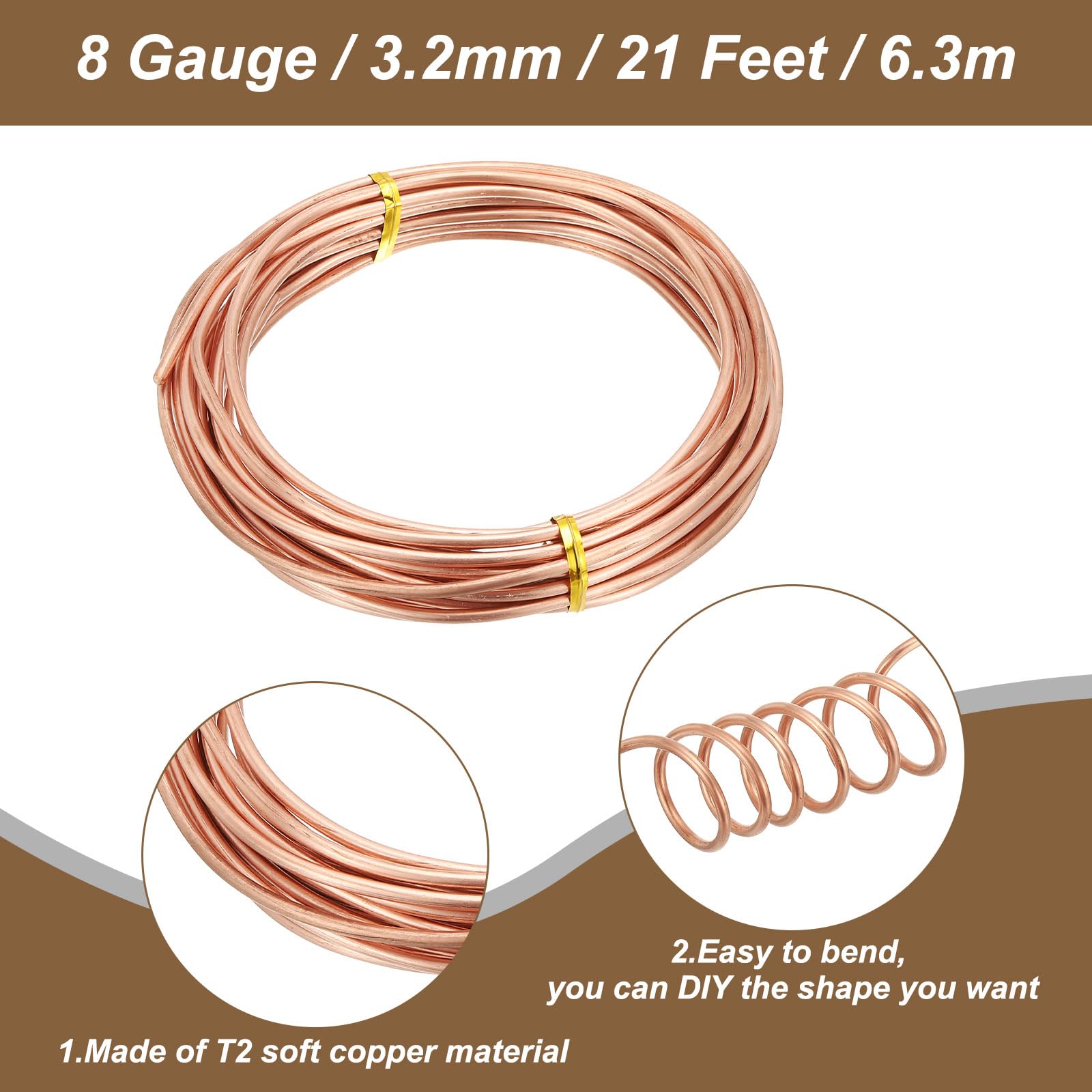PATIKIL 99.9% Soft Copper Wire for Gardening 8 Gauge/3.2 mm Diameter 21 Feet/6.3 m 1 Pound Spool Pure Bare Copper Wire for Jewelry Making Beading Electroculture Plants - Image 3