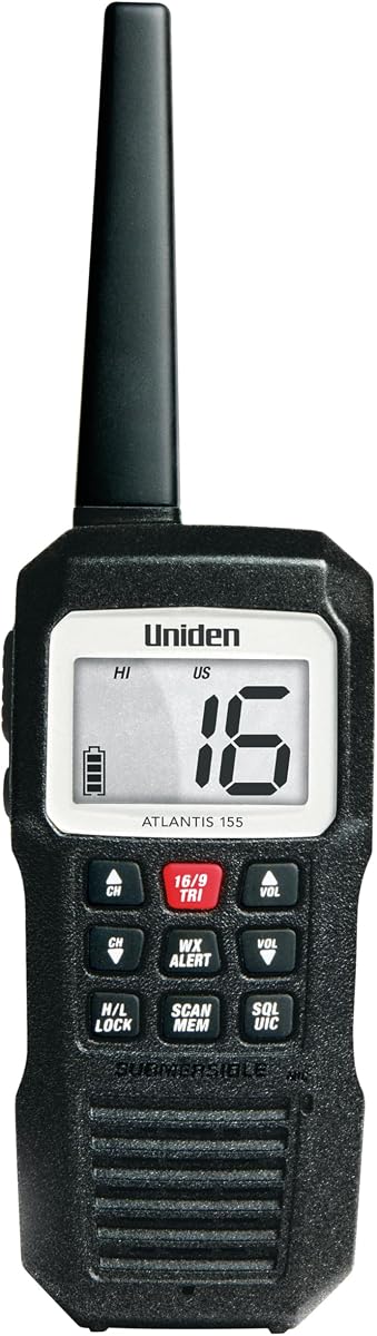 Uniden Atlantis 155 Radio marina VHF bidireccional portátil, flotante IPX8 sumergible impermeable, pantalla de doble color, todos los canales marinos estadounidenses/internacionales/canadienses, alerta meteorológica NOAA, batería de 10 horas