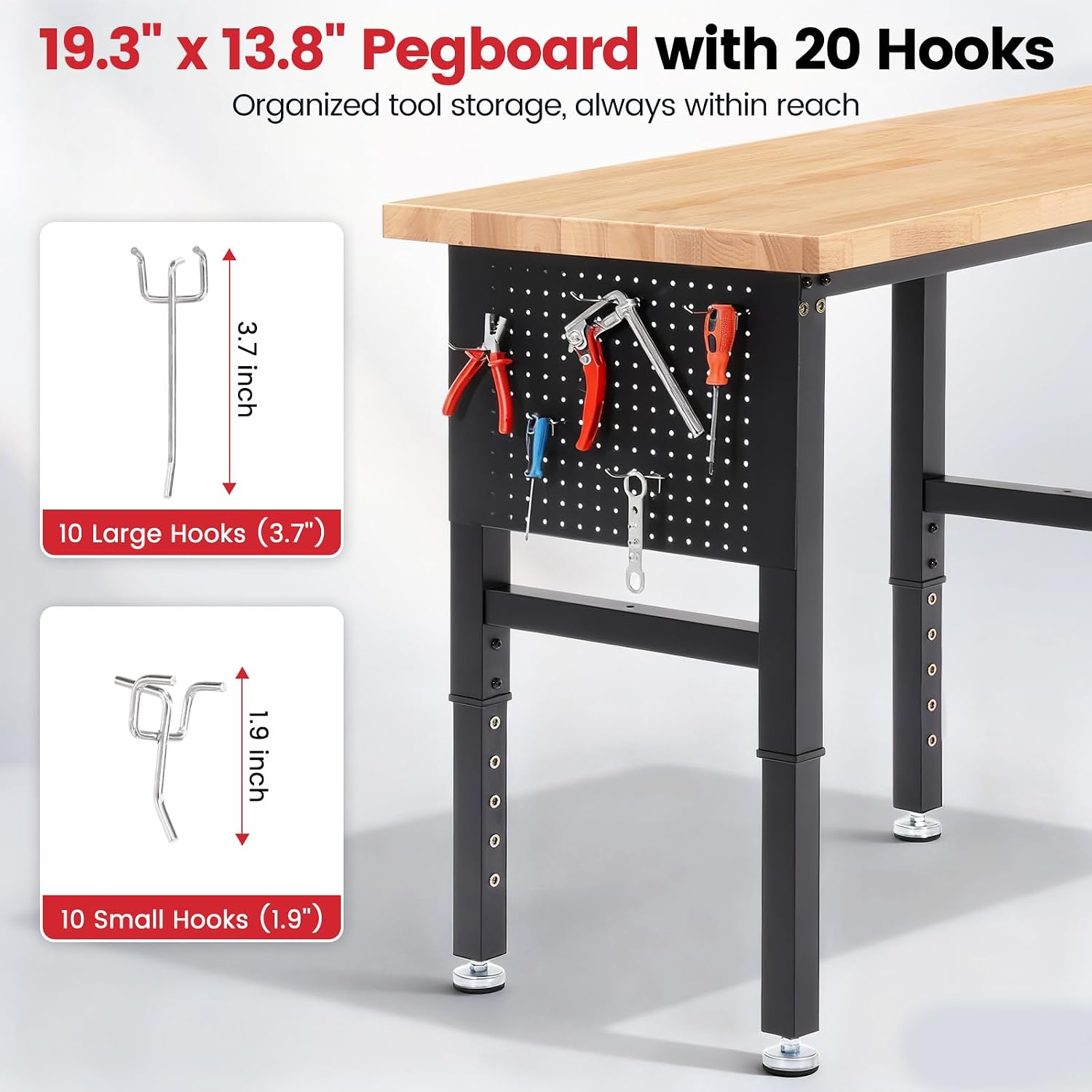 Workbench side pegboard with hooks