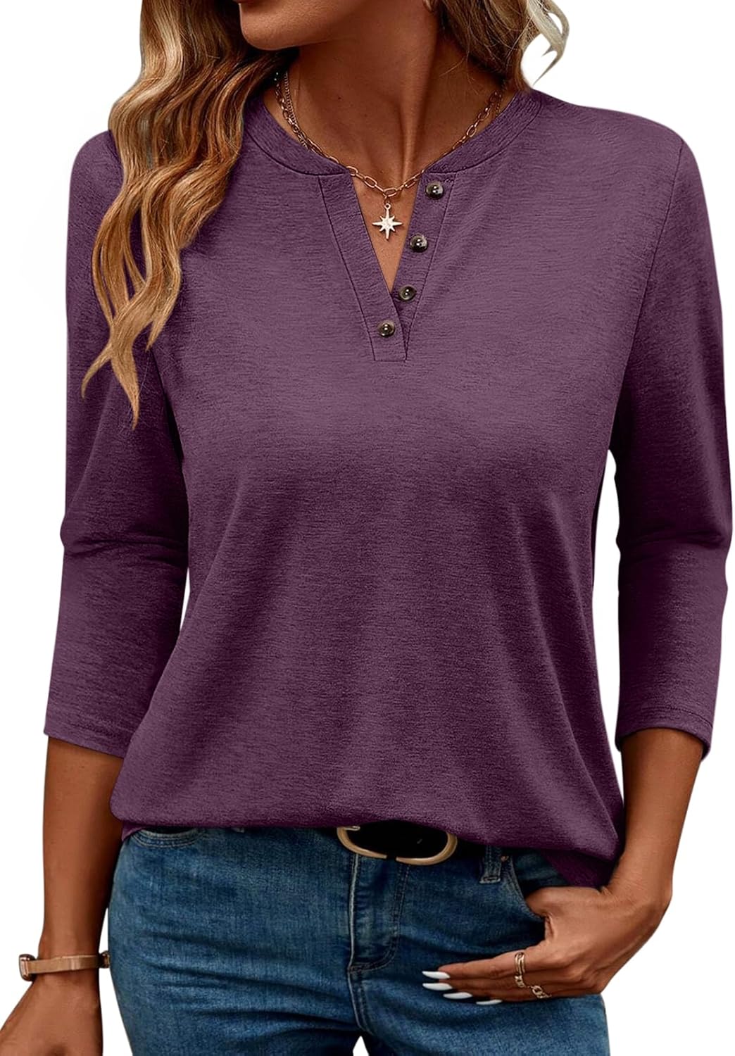 TICTICMIMI Women’s V Neck 3/4 Sleeve Tops Casual Summer T Shirts Loose Fit Button Tunic Blouse