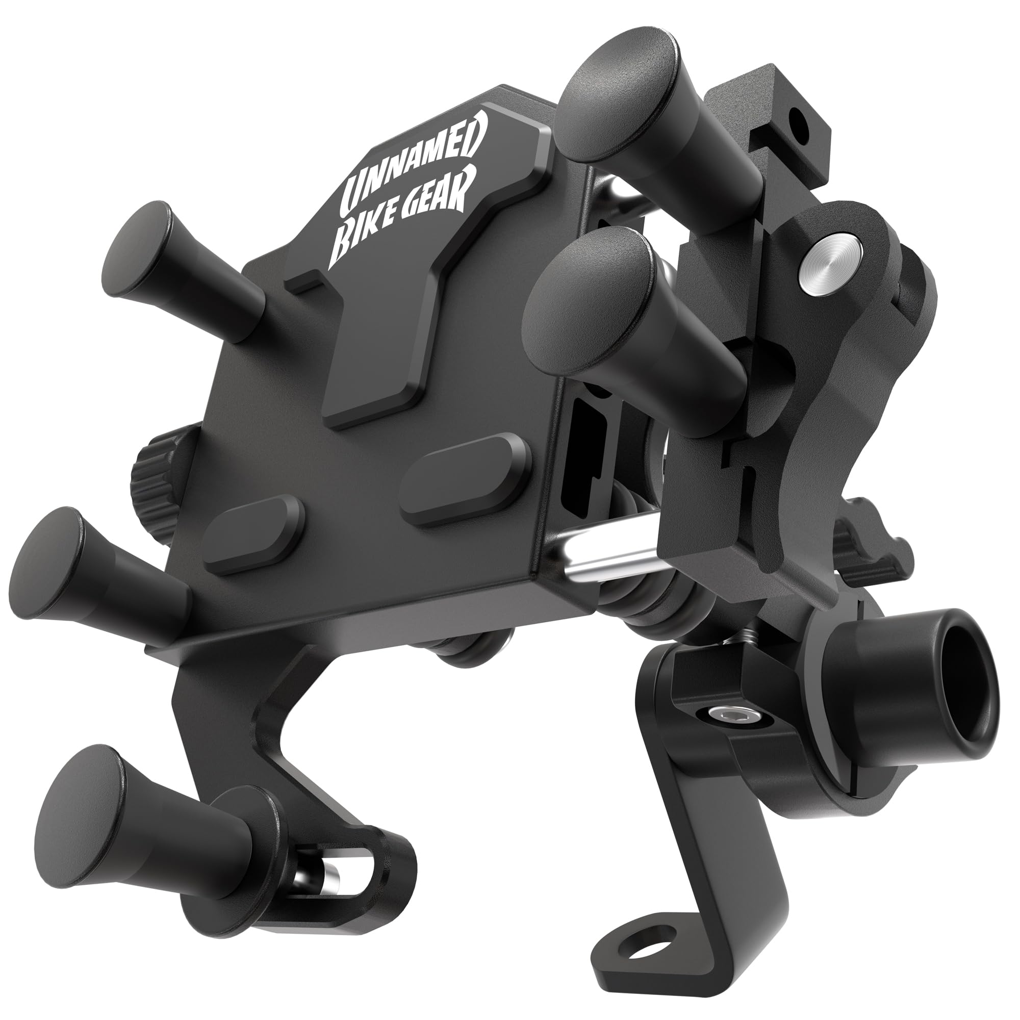 バイク スマホホルダー アルミ 原付 【バイクの美観を損なわない】 自転車 携帯ホルダー 振動吸収 クランプバー付き 全機種対応 角度調整が自由自在 (ブラック(クランプバー付き))