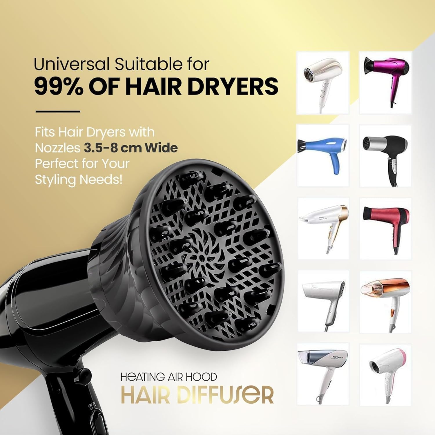 Kresal Hair Diffuser, Universal Hair Dryer Diffuser For Curly Hair and Natural Hair, Professional Hair Diffuser Attachment Fits 99.9% Blow Dryer Nozzle 1.5"- 2.67" to Minimizes Frizz Volume (Black) - Image 6 thumbnail