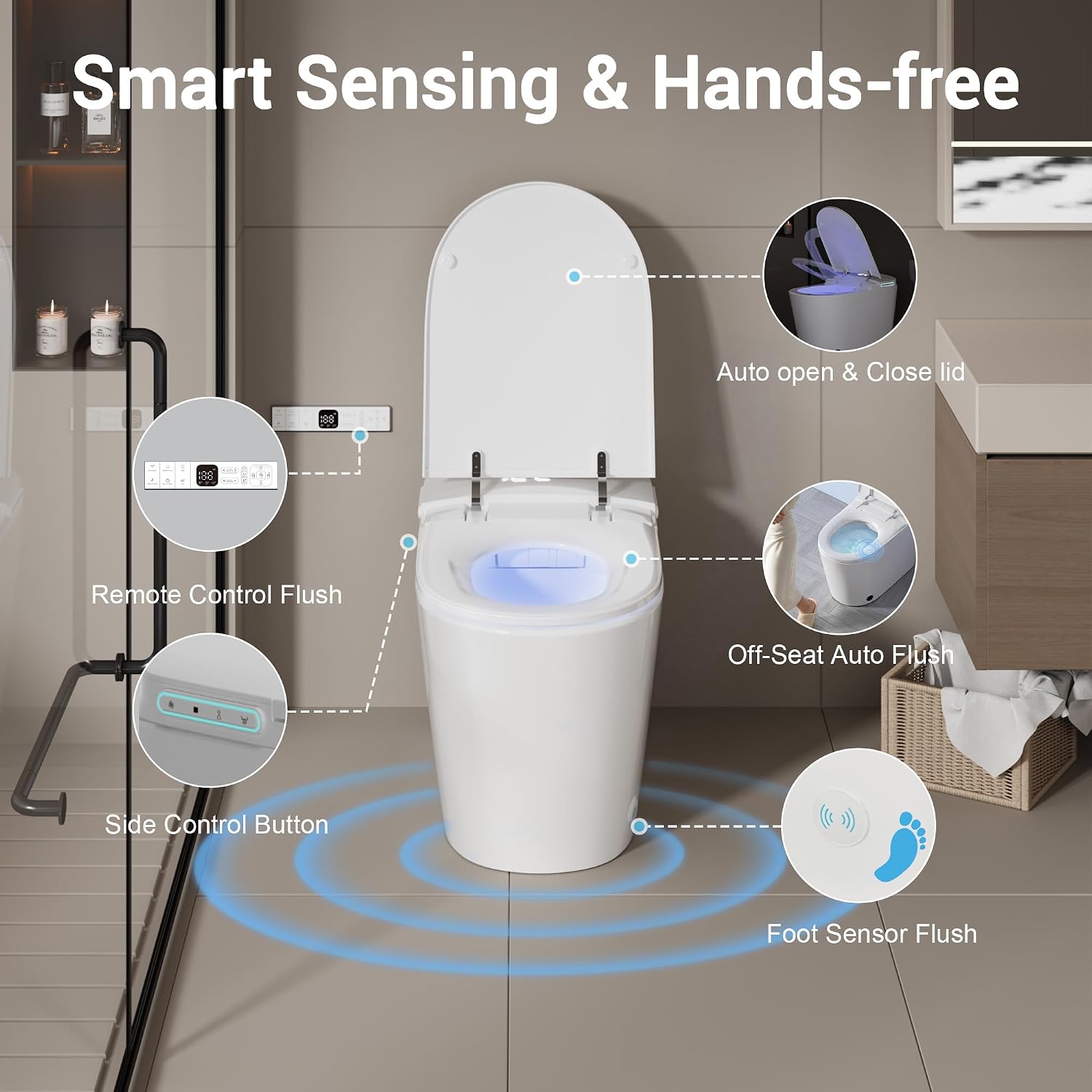 Vipbear Smart Toilet with Bidet Built in, Auto Open Close Lid, Dual Auto Flush,Foot Sensor, Heated Seat, One Piece Toilet with Soft Close, LED Display, Tankless Toilets with Night Light for Bathroom
