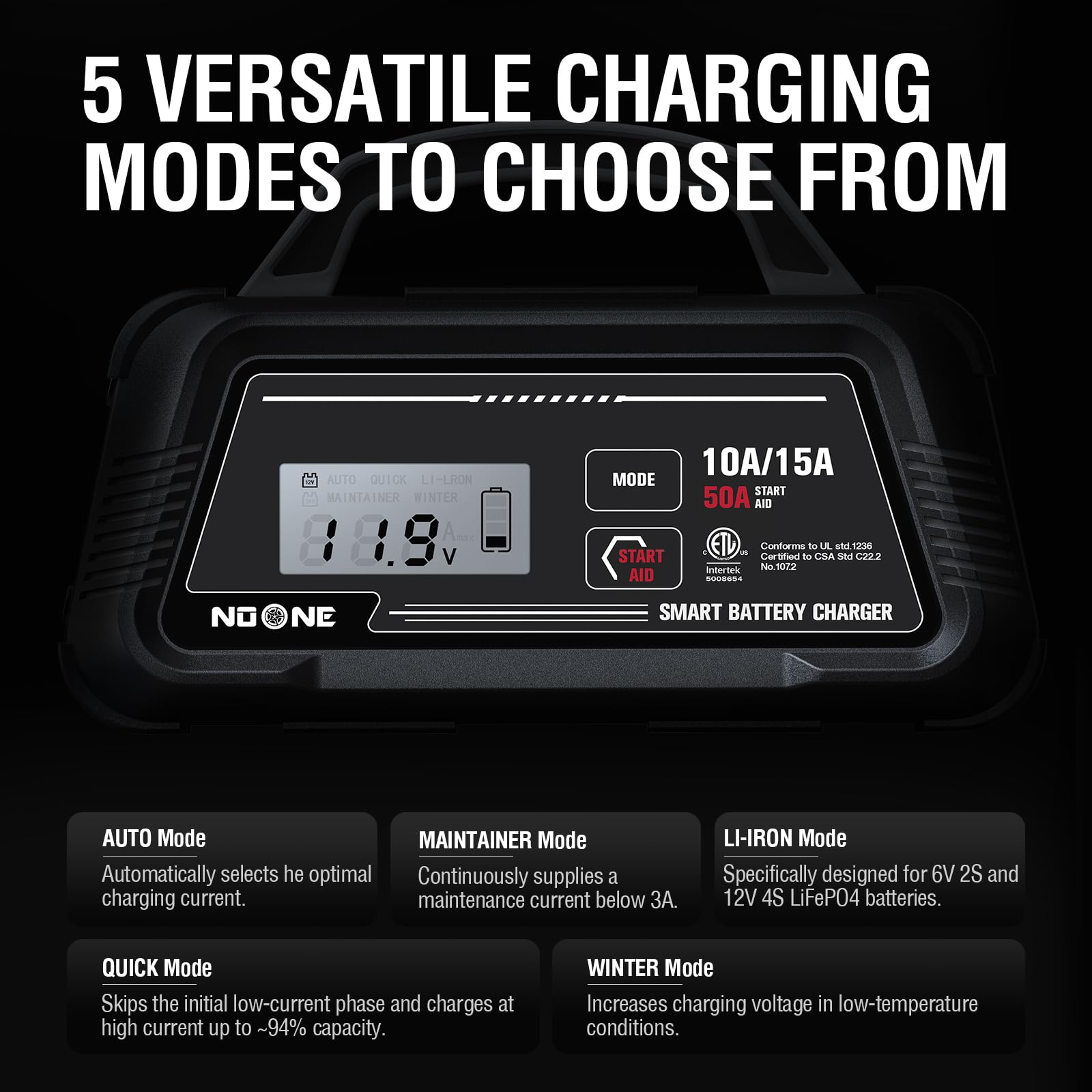 NOONE 10A/15A Smart Battery Charger and Maintainer - Vollautomatisches 6V/12V Ladegerät mit 50A Motorstart, Autoreparatur & Desulfatierung - Kompatibel mit Blei-Säure-, AGM-, LiFePO4-Batterien