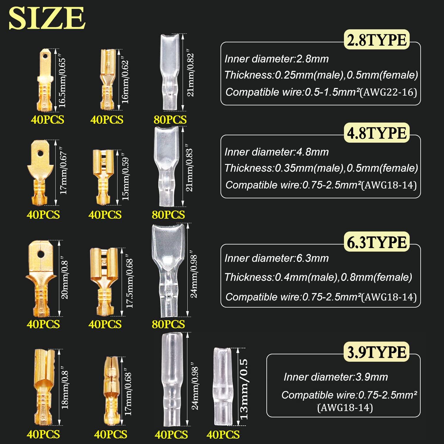 Twidec/640Pcs 2.8/4.8/6.3mm Quick Splice Male and Female Wire Spade Connector Crimp Terminal & Bullet Connectors Terminals Crimp Block Kit Golden with Insulating Sleeve Wiring Car Speaker N-001