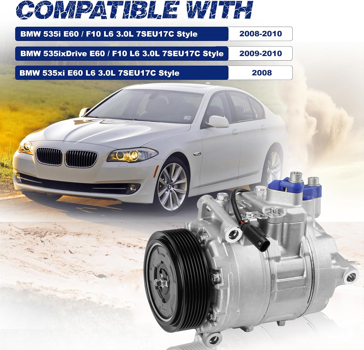 A/C Compressor with Clutch Compatible with BMW E60 F10 535i 535i xDrive 535xi L6 3.0L, Replace OE Number CO11253C, 158345, 64529195721, 64529174804, 64526980085