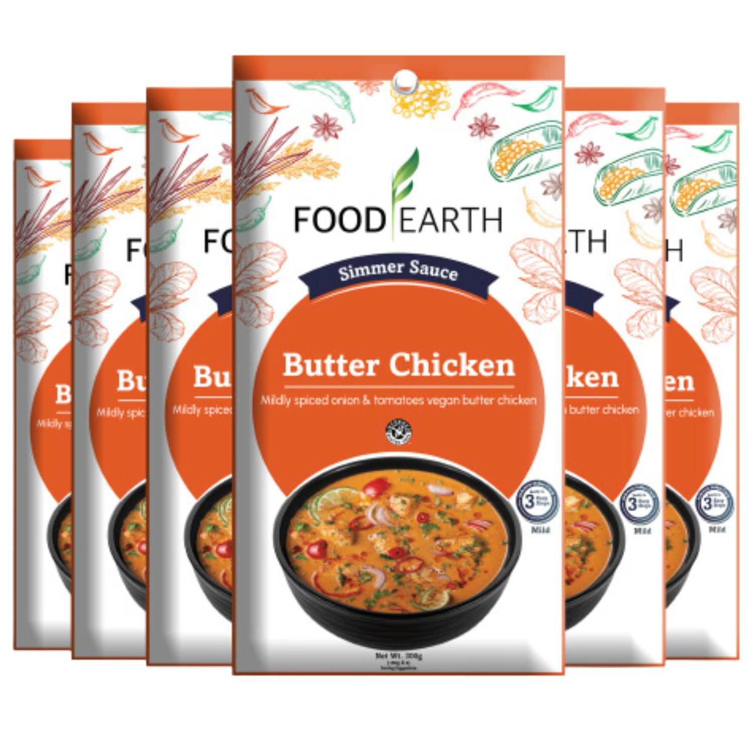 Food Earth Indian Simmer Sauce – Butter Chicken – Organic, Vegan, Gluten-Free, GMO-Free – Microwavable Cooking Sauce – 12 Pouches (5.29 oz Each)