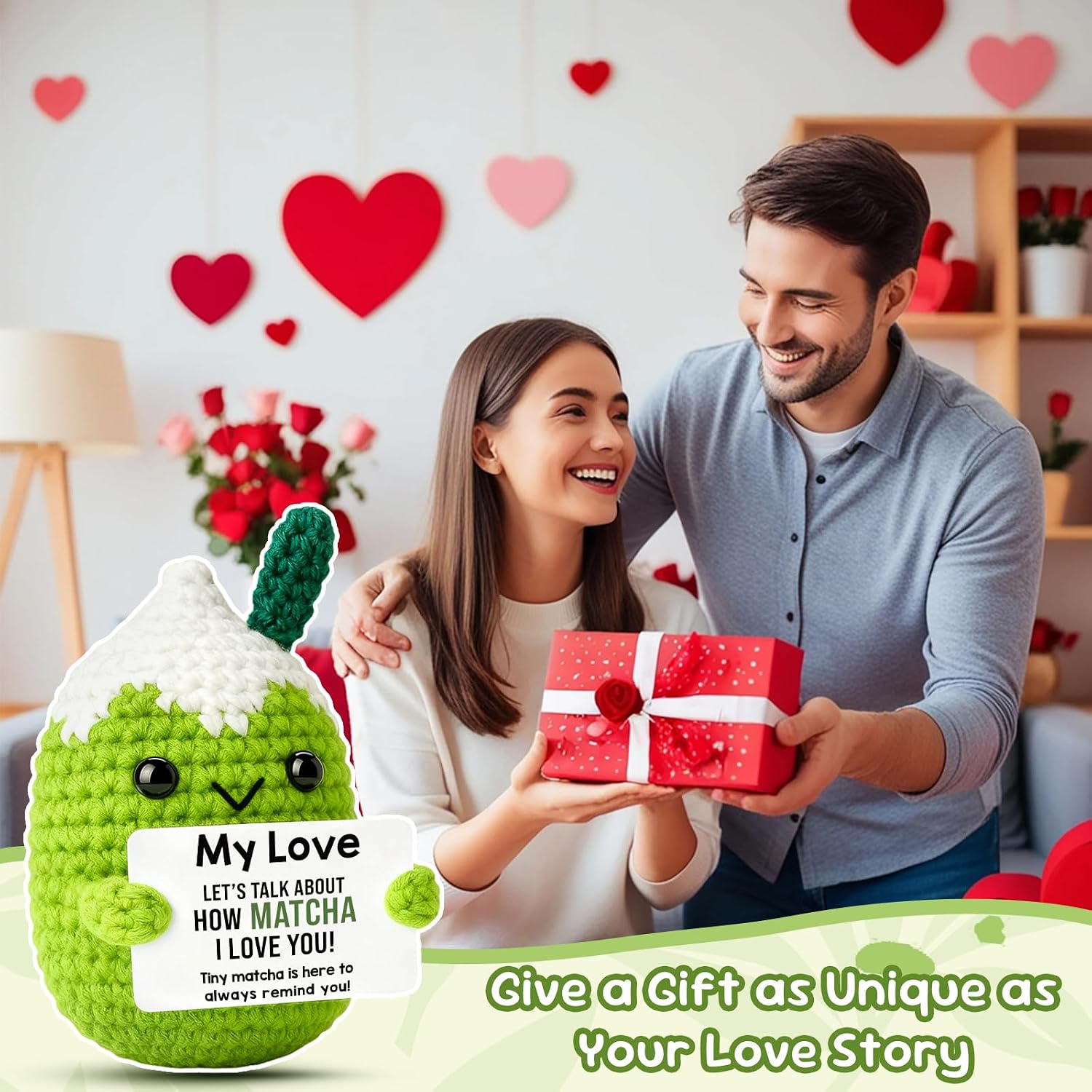 Gifts for Him He How Matcha I Love You Crochet Plush Desk Decor, Funny Valentine's Day Anniversary, Cute Handmade Food Pun Love Gift Idea for Boyfriend Girlfriend