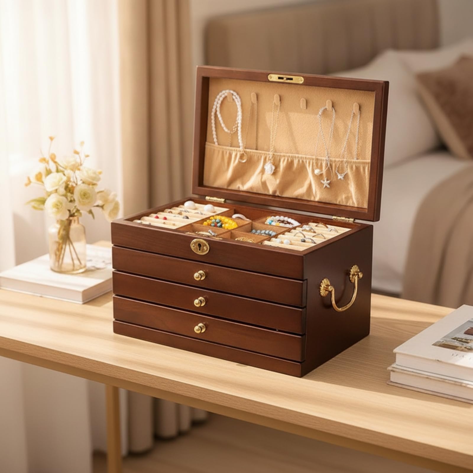 Organizer Gioielli Scatola Porta Gioie Cofanetto Cassettiera Legno Multilivello con Cassetti E Scomparti Foderati Ferramenta Resistente E Coperchio, Velvet Hook W Lock