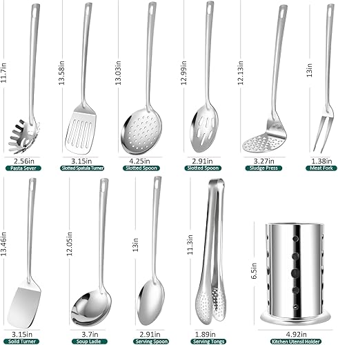 Miniatura 2 de Juego de utensilios de cocina de acero inoxidable, juego de 11 utensilios de cocina con soporte, juego de herramientas de cocina para cocinar con