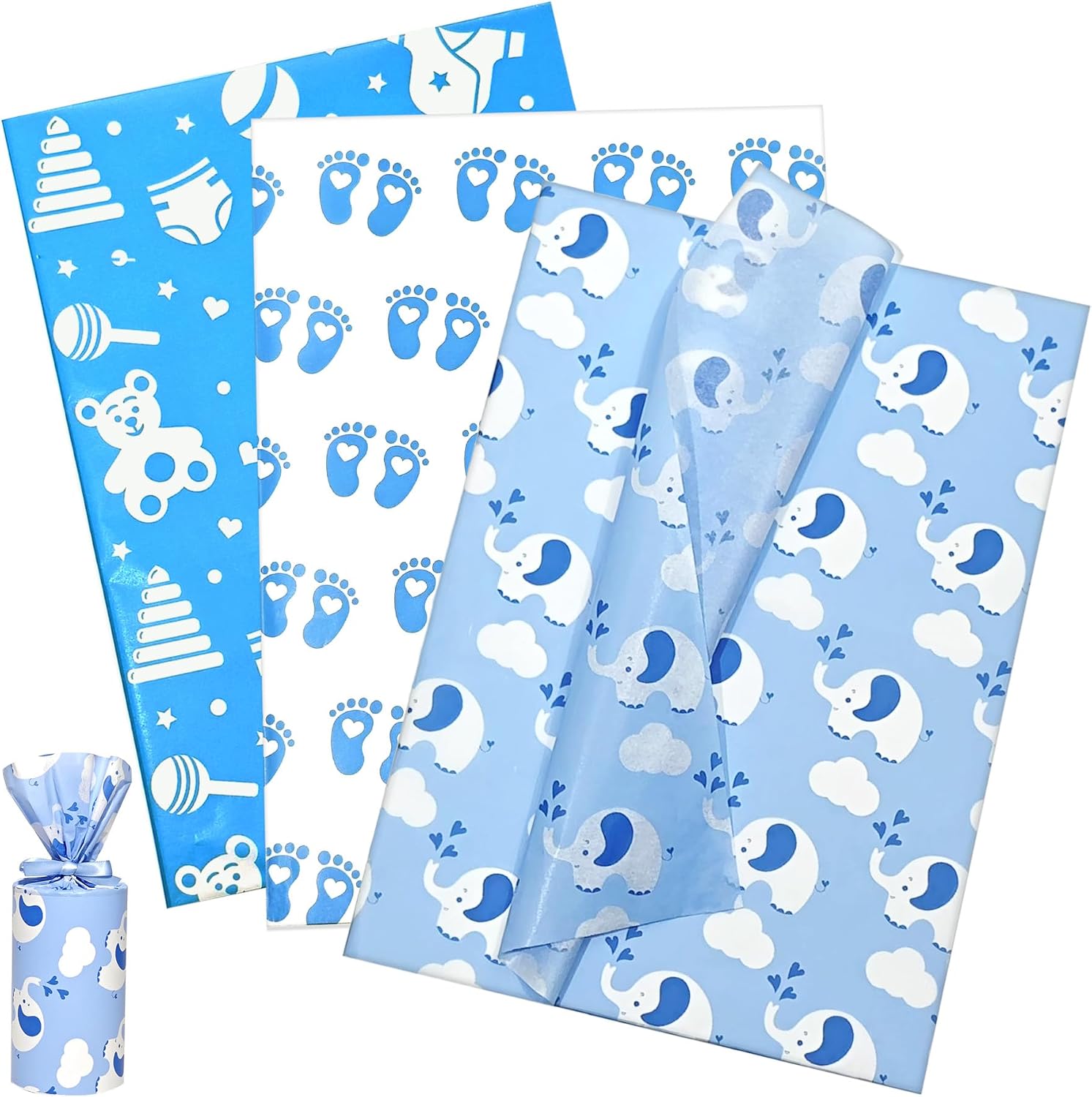 Baby Blue Tissue Paper 28x20 inch, 30 Sheets Large Baby Boy Gift Wrap Tissue Paper for Gift Bag & Packaging, Cute Elephant Footprint Cloud print Art Tissue for Baby Shower, Birthday, Anniversary Craft
