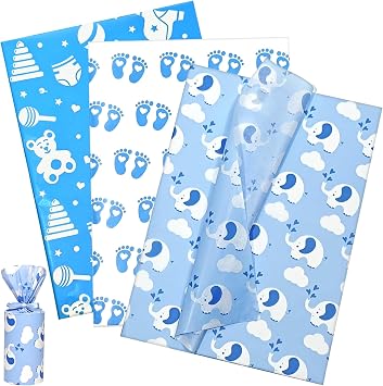 Baby Blue Tissue Paper 20x14 inch, 60 Sheets Baby Boy Gift Wrap Tissue Paper for Gift Bag & Packaging, Cute Elephant Footprint Cloud print Art Tissue for Baby Shower, Birthday, Anniversary Craft