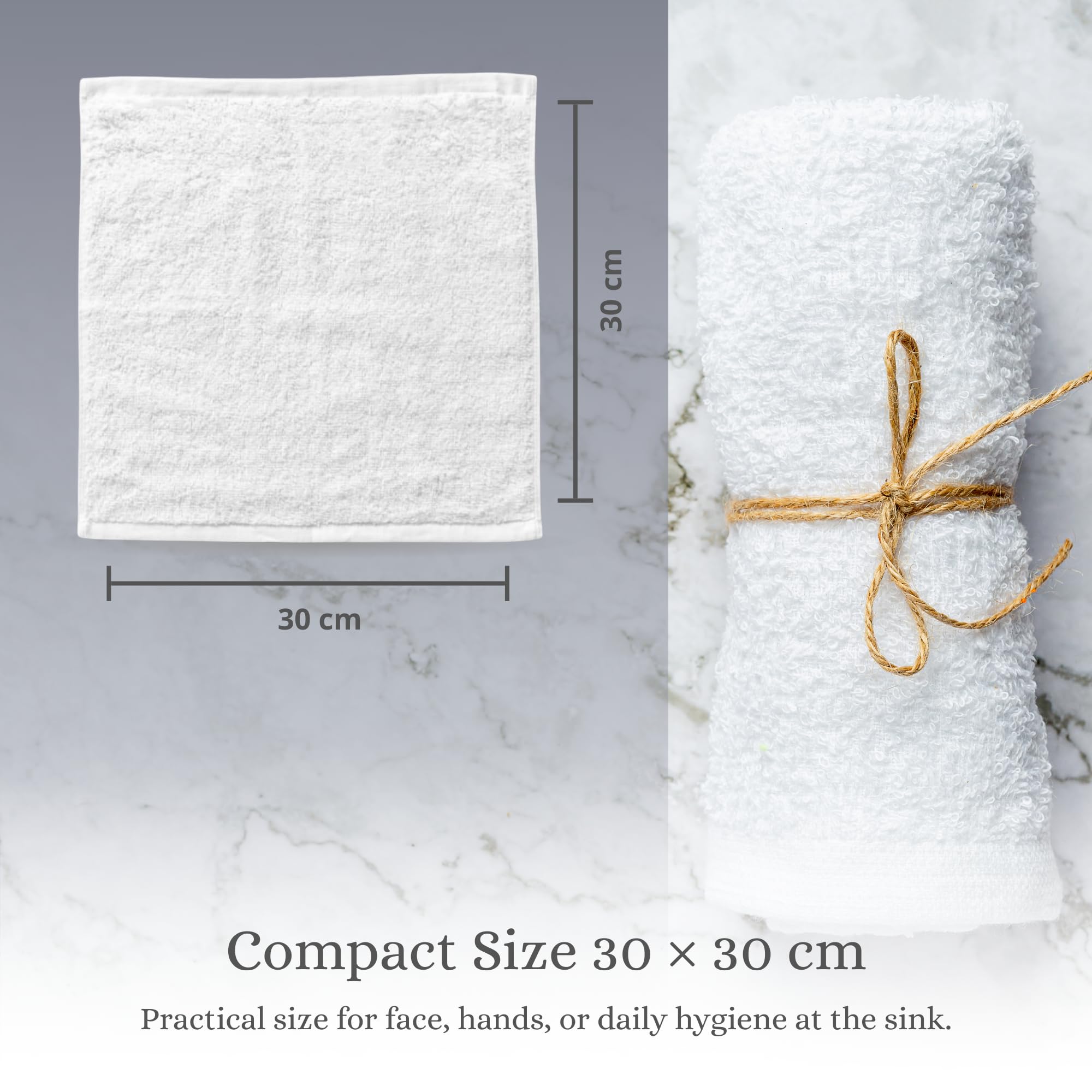 Pack 10 Toallitas Blancas 30x30 cm de Algodón Absorbente - Paños Suaves para Rostro y Manos, Secado Rápido, Tamaño Compacto para Lavabo y Baño, Textil Duradero Lavable