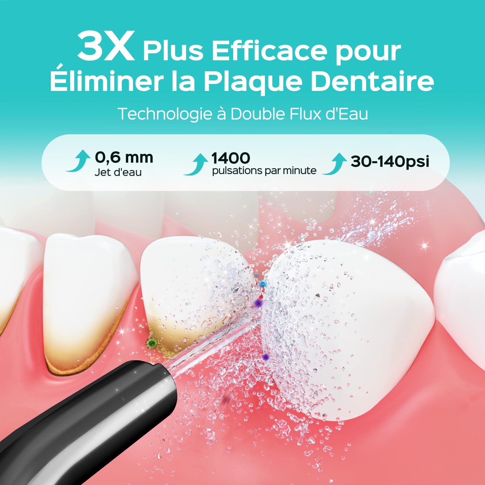 COSLUS C50 Jet Dentaire Hydropulseur Irrigateur Oral: 4 modes et 20 niveaux-IPX7 étanche-Technologie Anti éclaboussures-Usage à domicile et en voyage-pour gencives sensibles et santé-Noir Brillant