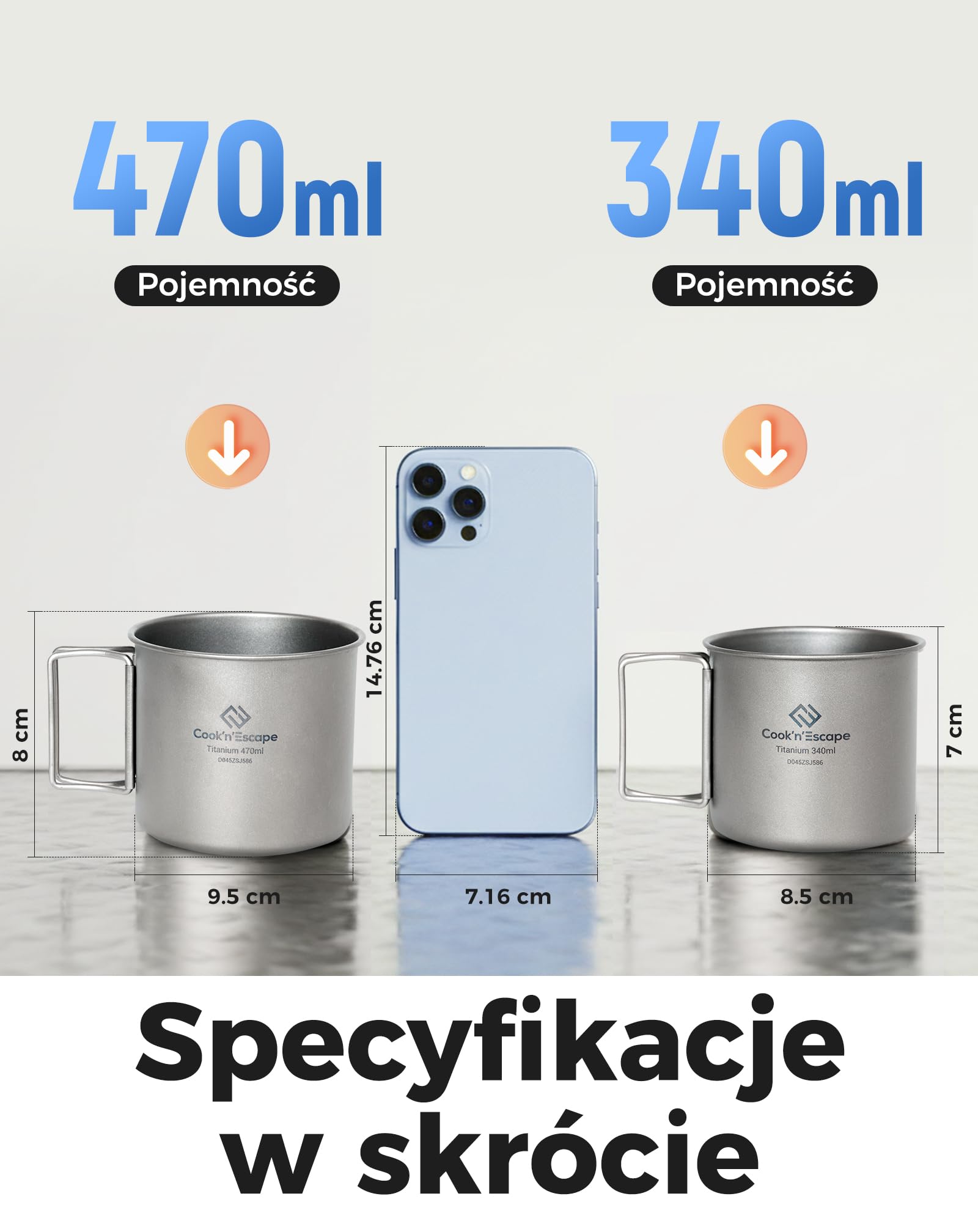 COOK'N'ESCAPE Tytanowe kubki kempingowe, zestaw 2 szt., 340 ml + 470 ml, lekkie i przenośne, odporne na ciepło, ze składanym uchwytem, idealne na kemping, wędrówki, podgrzewanie wody i parzenia kawy